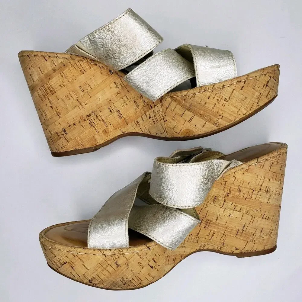 Born Womens 10 High Wedge Platform Light Gold Strappy Cork Sandals Slip Ons